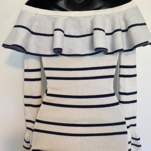 White and Blue Striped Ribbed Off The Shoulder‎ Long Sleeve Women's Size Small - Picture 5 of 5